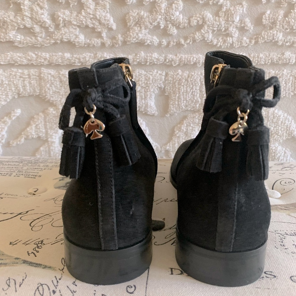 NWT Kate ♠️ Spade Bootie: Black Suede, Side Zip, Tassel & Heart Logo at Back 9B